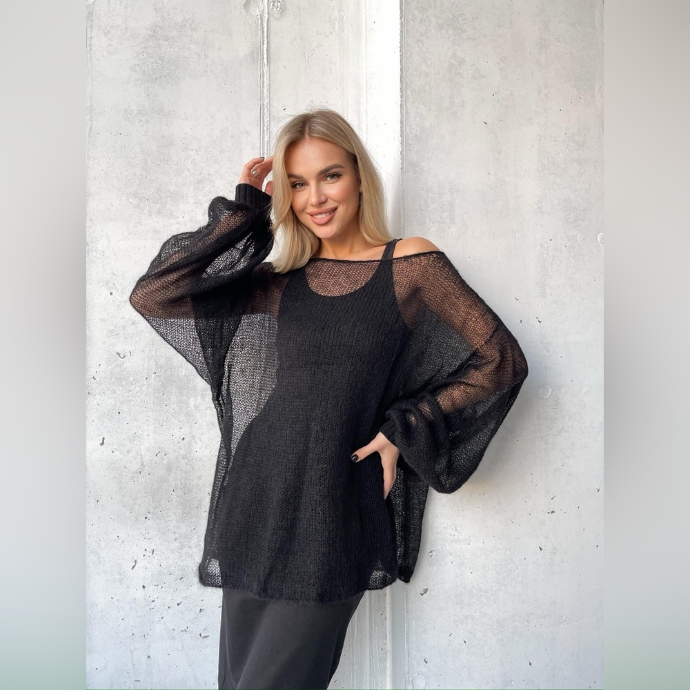 OSKA Jessica Black Sheer Open-Knit Hooded Sweater